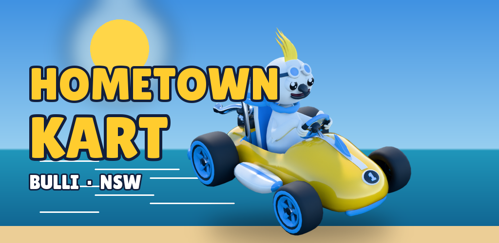 Sunny the cockatoo racing a yellow kart past Bulli beach
