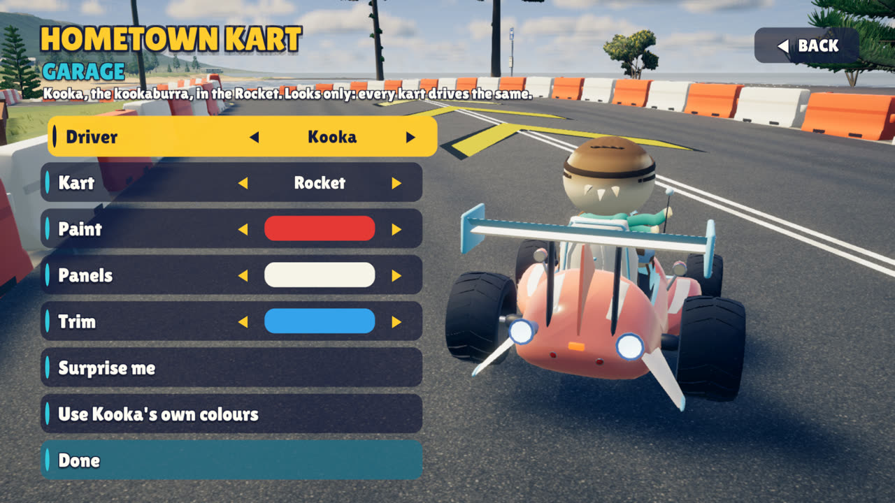 The garage with driver and kart choices